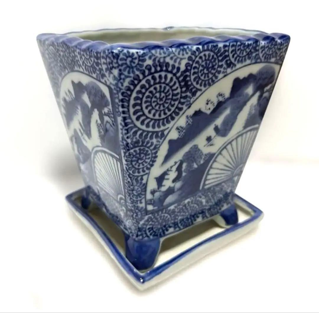 和風角型植木鉢 青白模様　紅色梅の木柄丸鉢角鉢　3種類セット