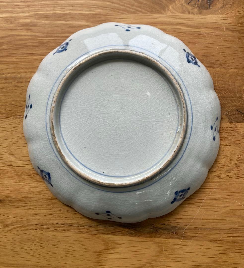 値下げ！古伊万里　染付　金彩　色絵　輪花中皿　山水画 骨董品　大皿　5枚セット