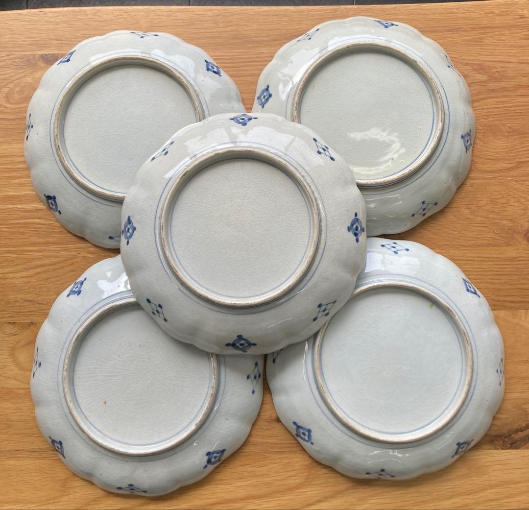 値下げ！古伊万里　染付　金彩　色絵　輪花中皿　山水画 骨董品　大皿　5枚セット