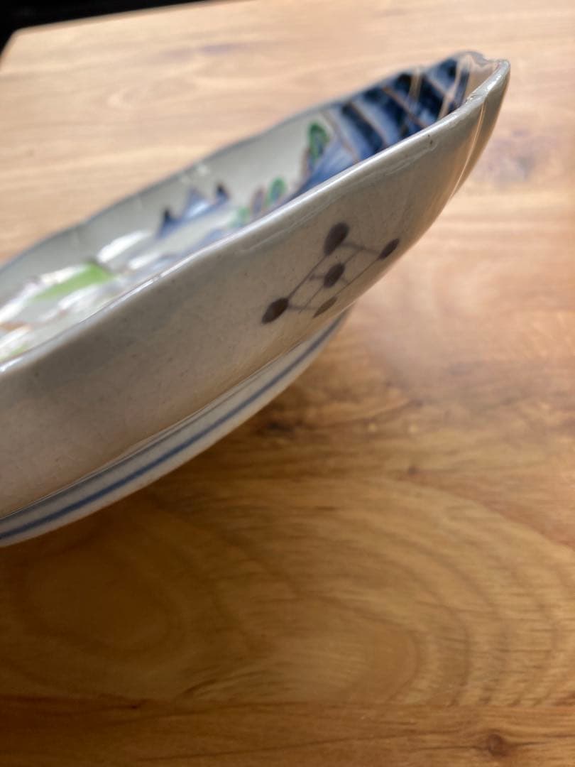 値下げ！古伊万里　染付　金彩　色絵　輪花中皿　山水画 骨董品　大皿　5枚セット