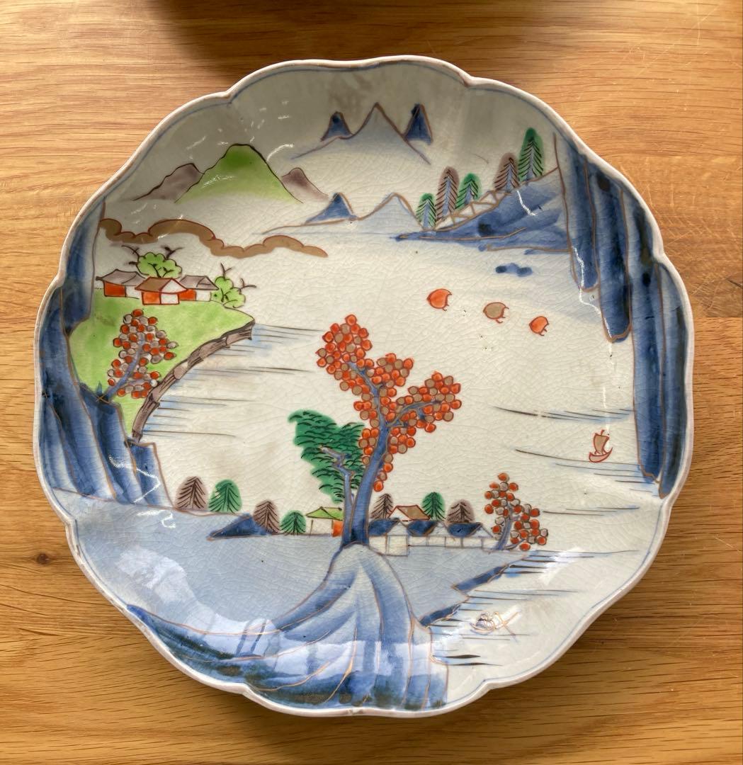 値下げ！古伊万里　染付　金彩　色絵　輪花中皿　山水画 骨董品　大皿　5枚セット