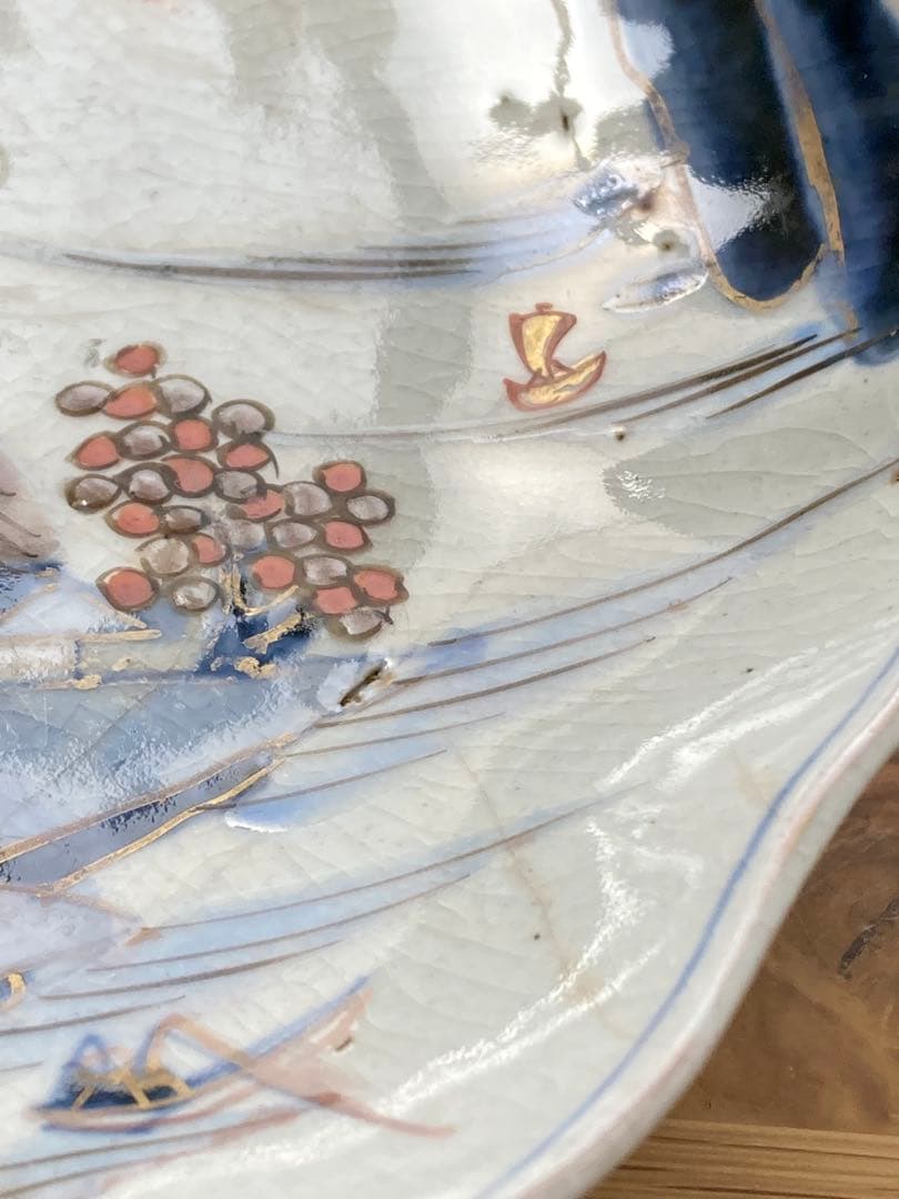 値下げ！古伊万里　染付　金彩　色絵　輪花中皿　山水画 骨董品　大皿　5枚セット