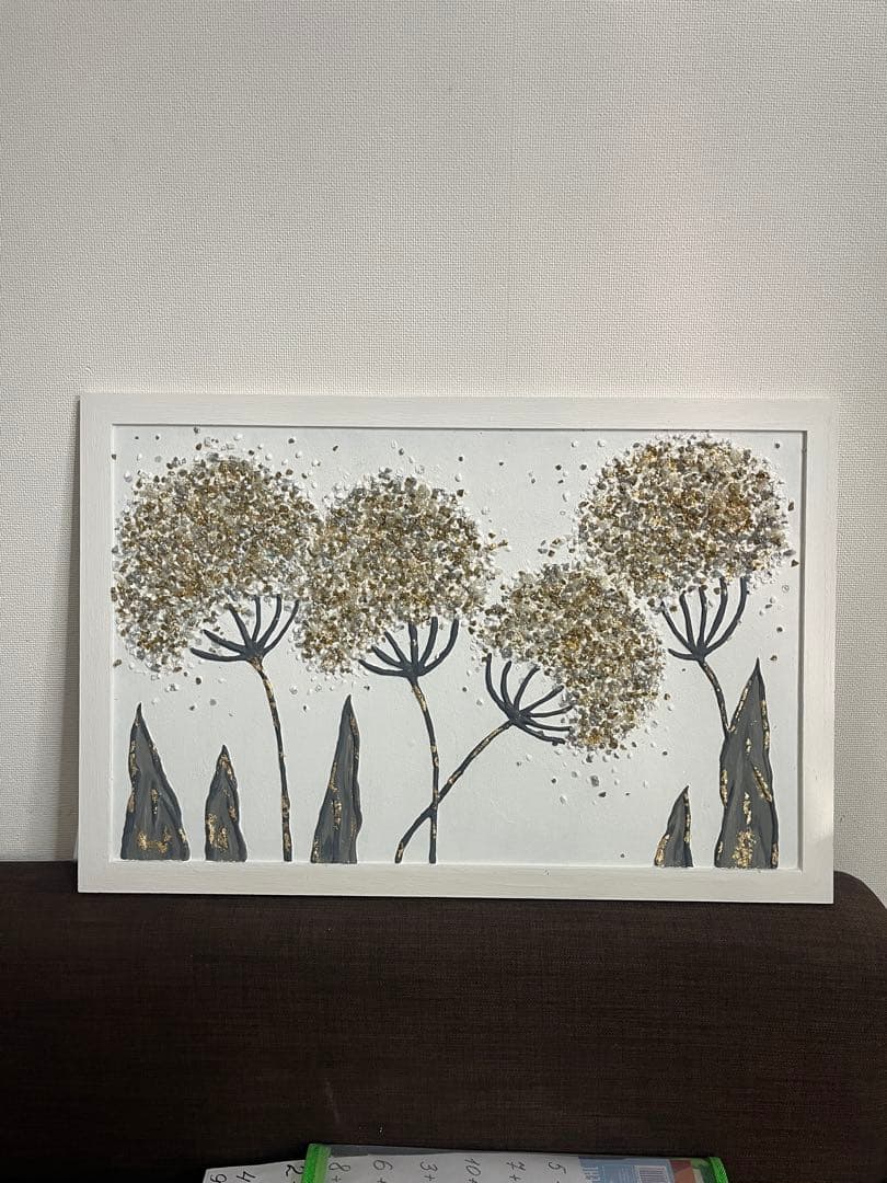 立体的な花の絵画　白いフレーム付き