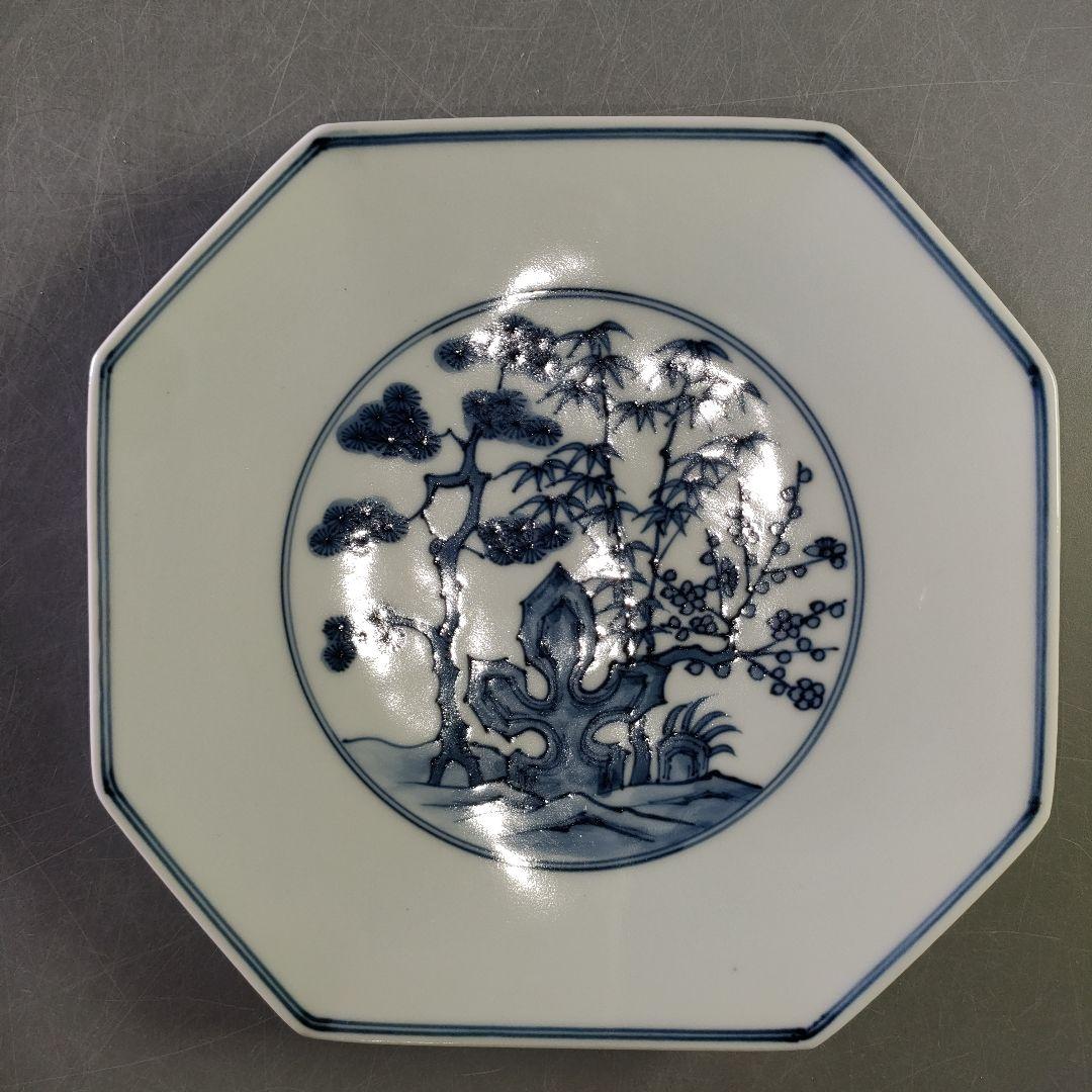 A1227-5/宮永東山 造/青華松竹梅文八角焼物皿5客/銘々皿/懐石道具/