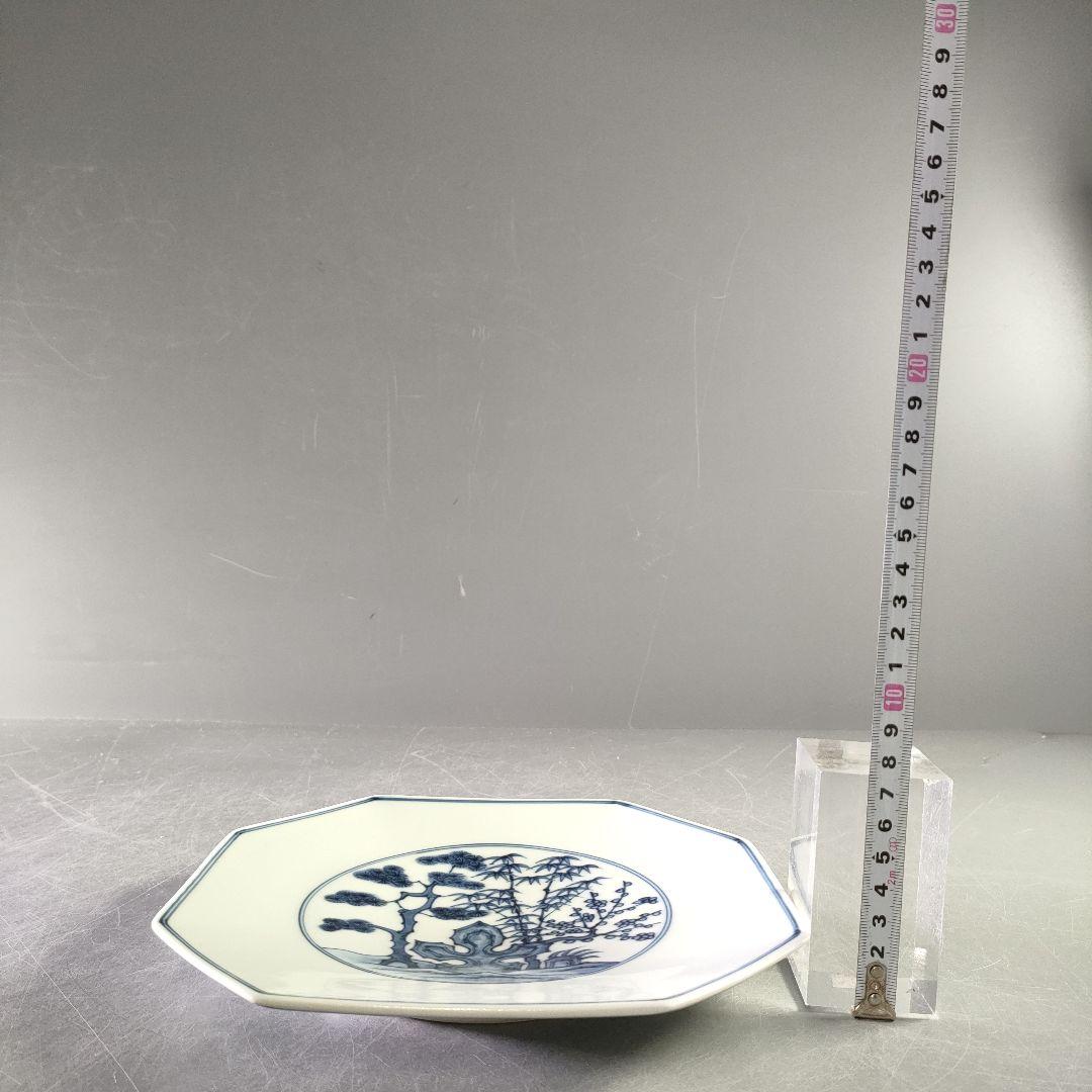 A1227-5/宮永東山 造/青華松竹梅文八角焼物皿5客/銘々皿/懐石道具/