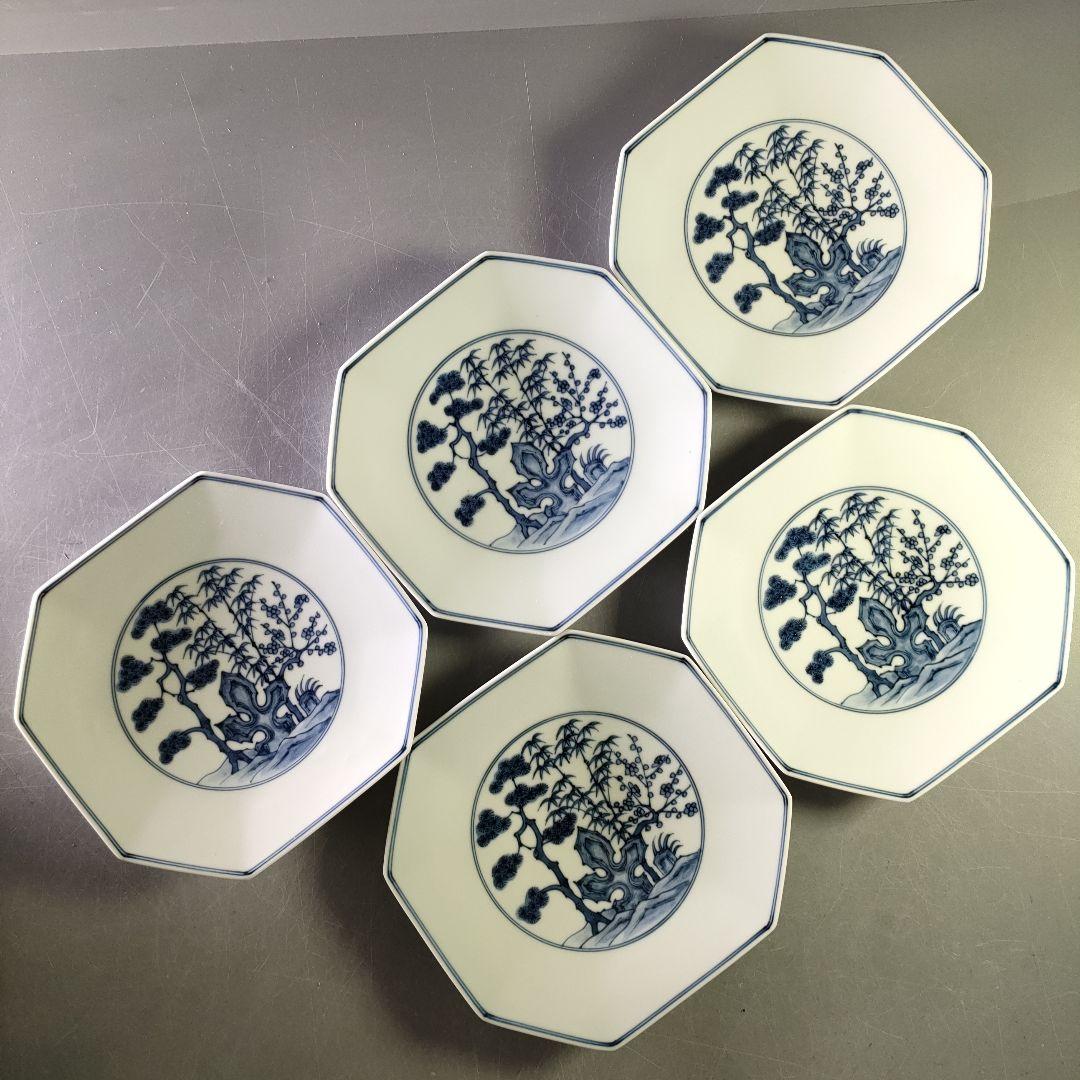A1227-5/宮永東山 造/青華松竹梅文八角焼物皿5客/銘々皿/懐石道具/