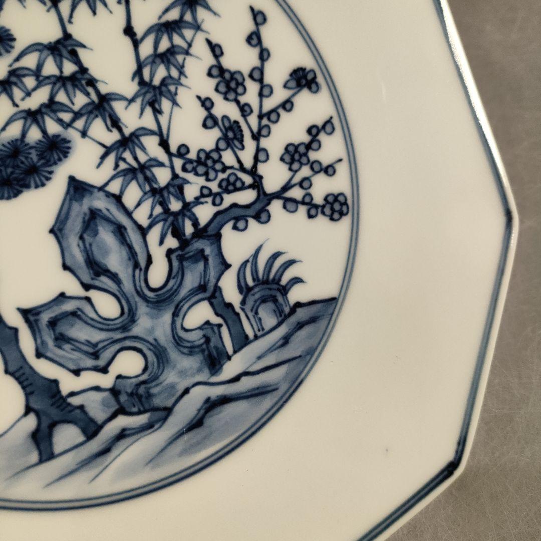 A1227-5/宮永東山 造/青華松竹梅文八角焼物皿5客/銘々皿/懐石道具/