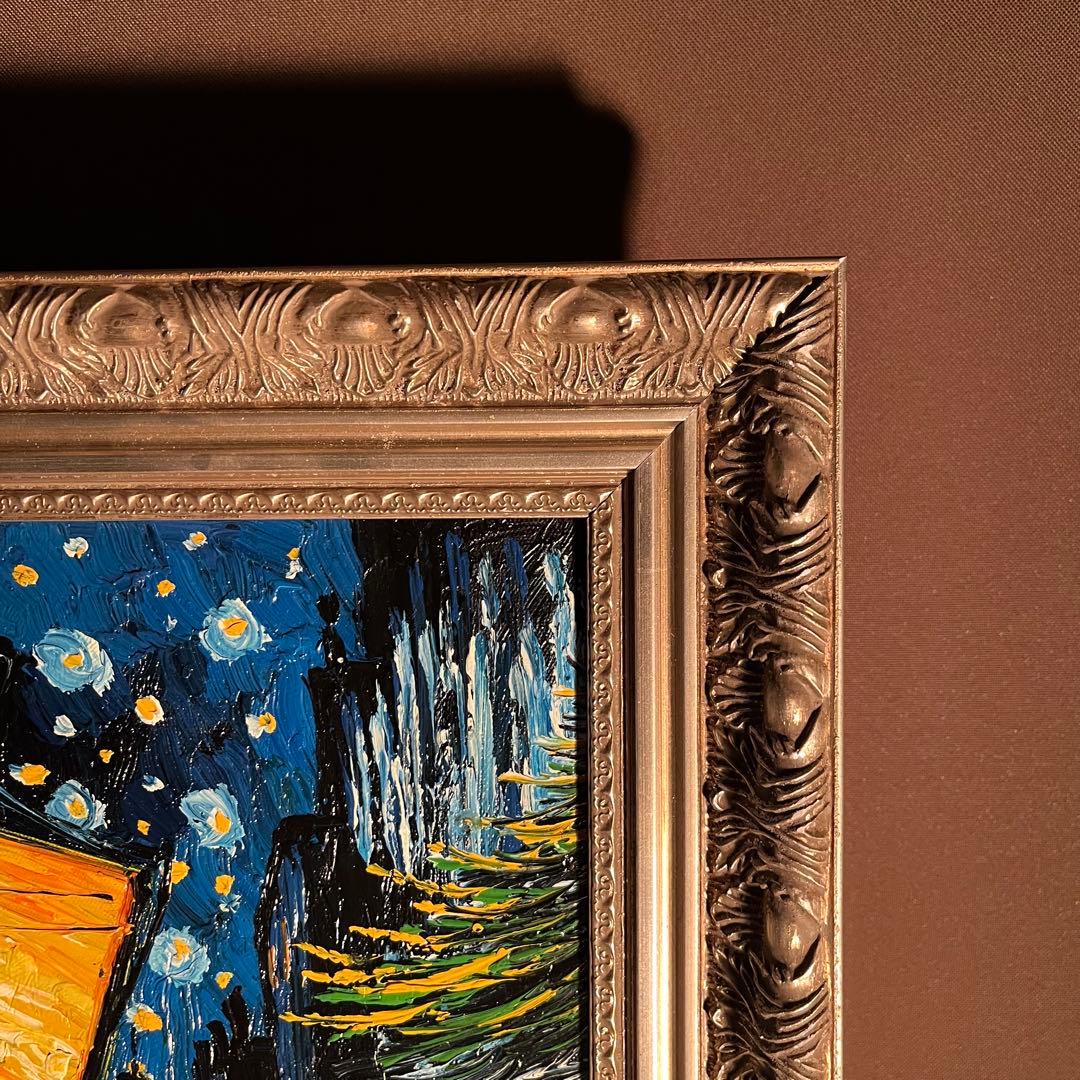 手書き油絵 ゴッホ 夜のカフェテラス 額付 肉筆絵画 インテリア 油彩画