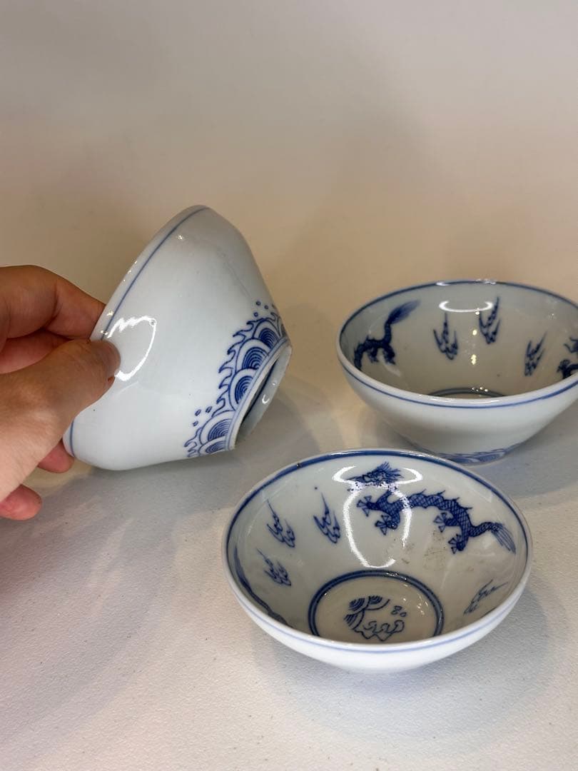 中国 大清雍正年製款 青花染付 龍文 湯呑 三客 サイズ違い アンティーク