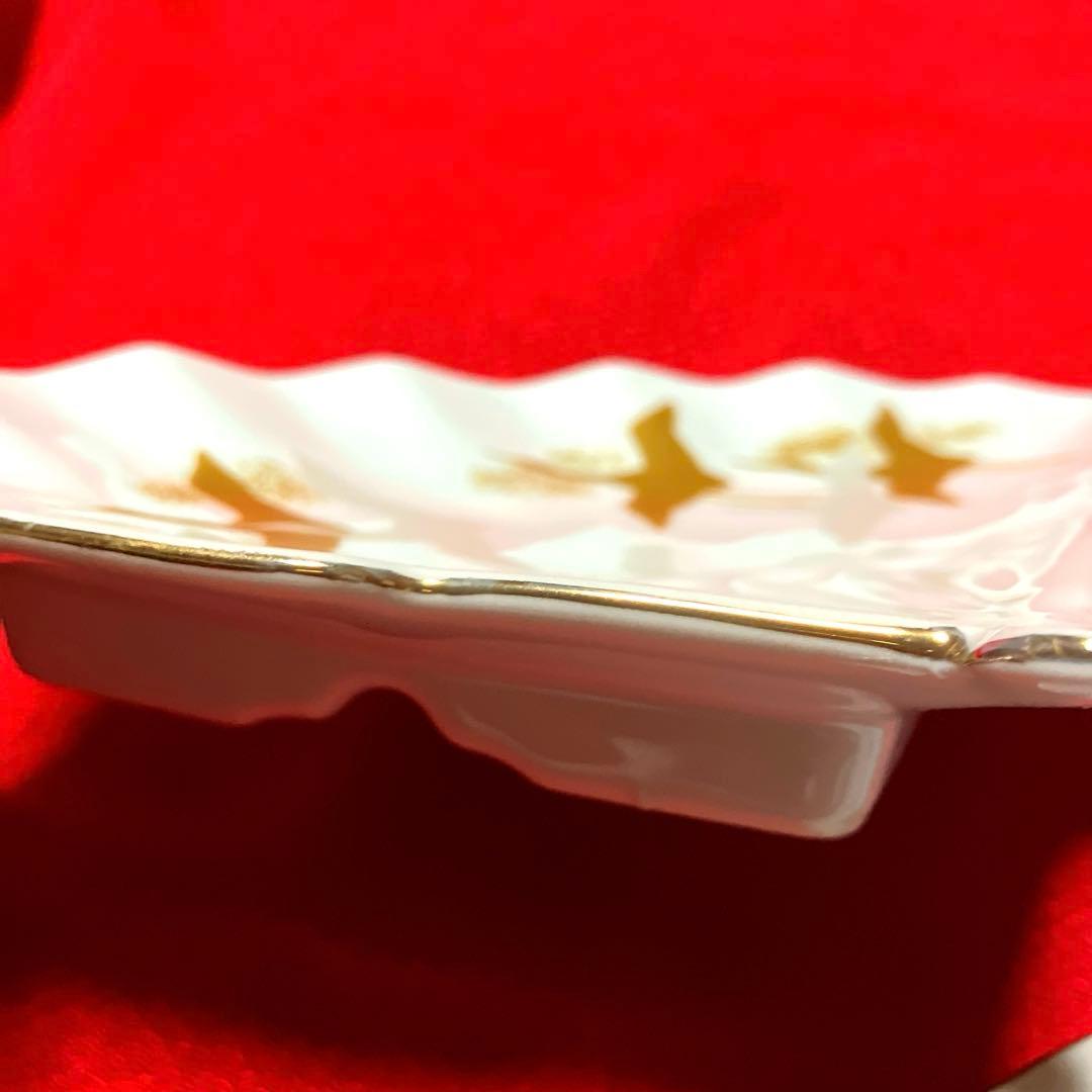 有田焼　扇形銘々皿揃　金彩ツル　作家刻印有り未使用シール付
