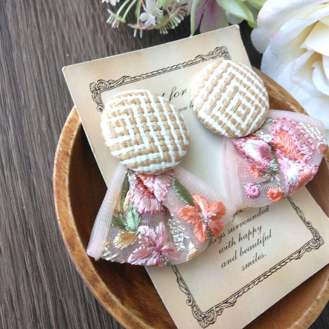 新作　レトロ　ラタン　ベージュ　ピンク　ピアス　イヤリング　リボン　ヴィンテージ