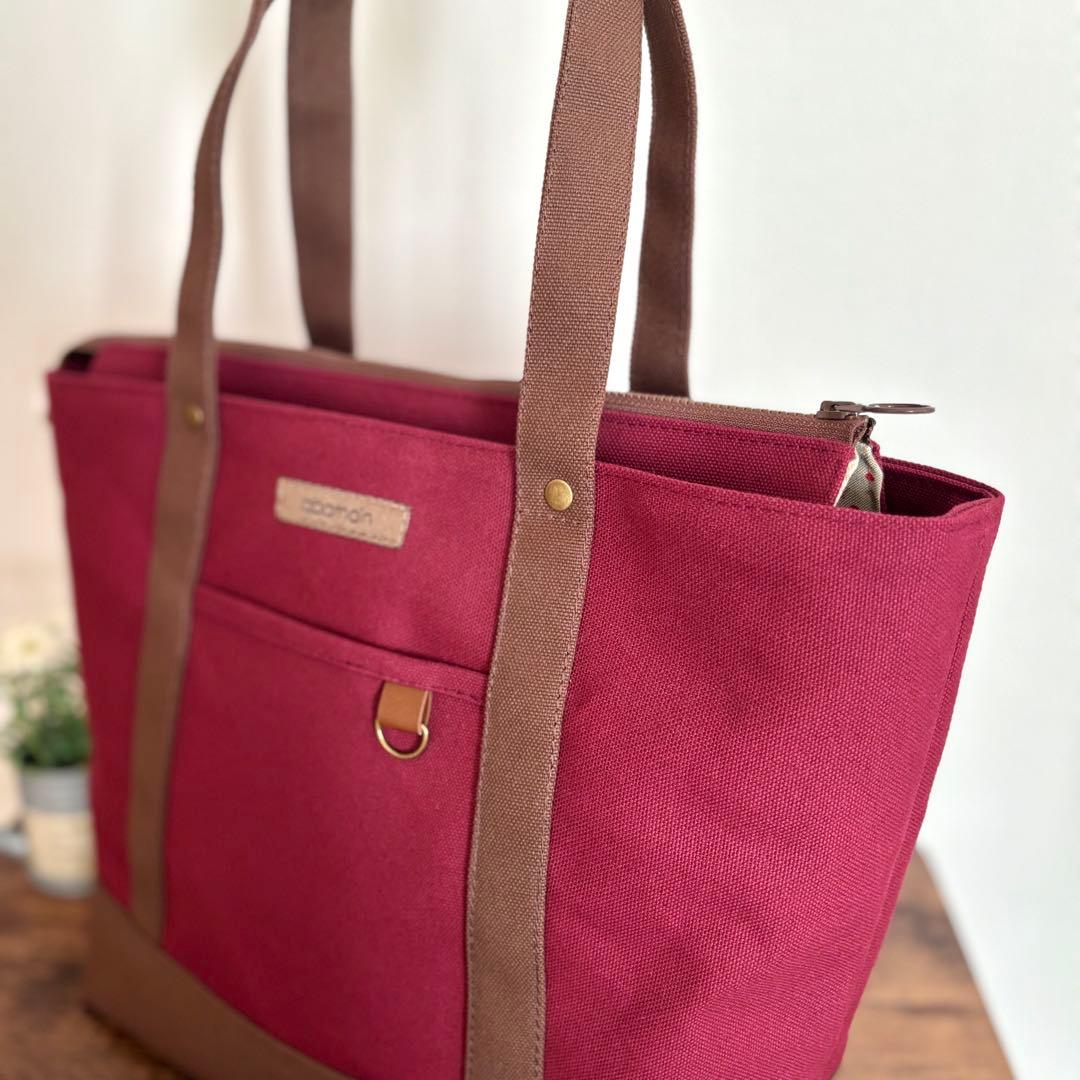 倉敷8号帆布あおりポケット付きトートバッグL ボルドー×ココア