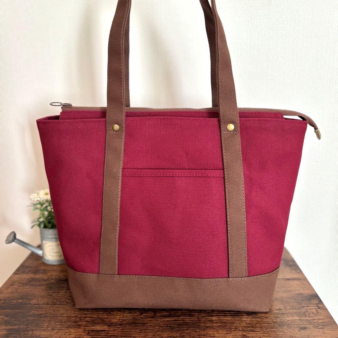 倉敷8号帆布あおりポケット付きトートバッグL ボルドー×ココア