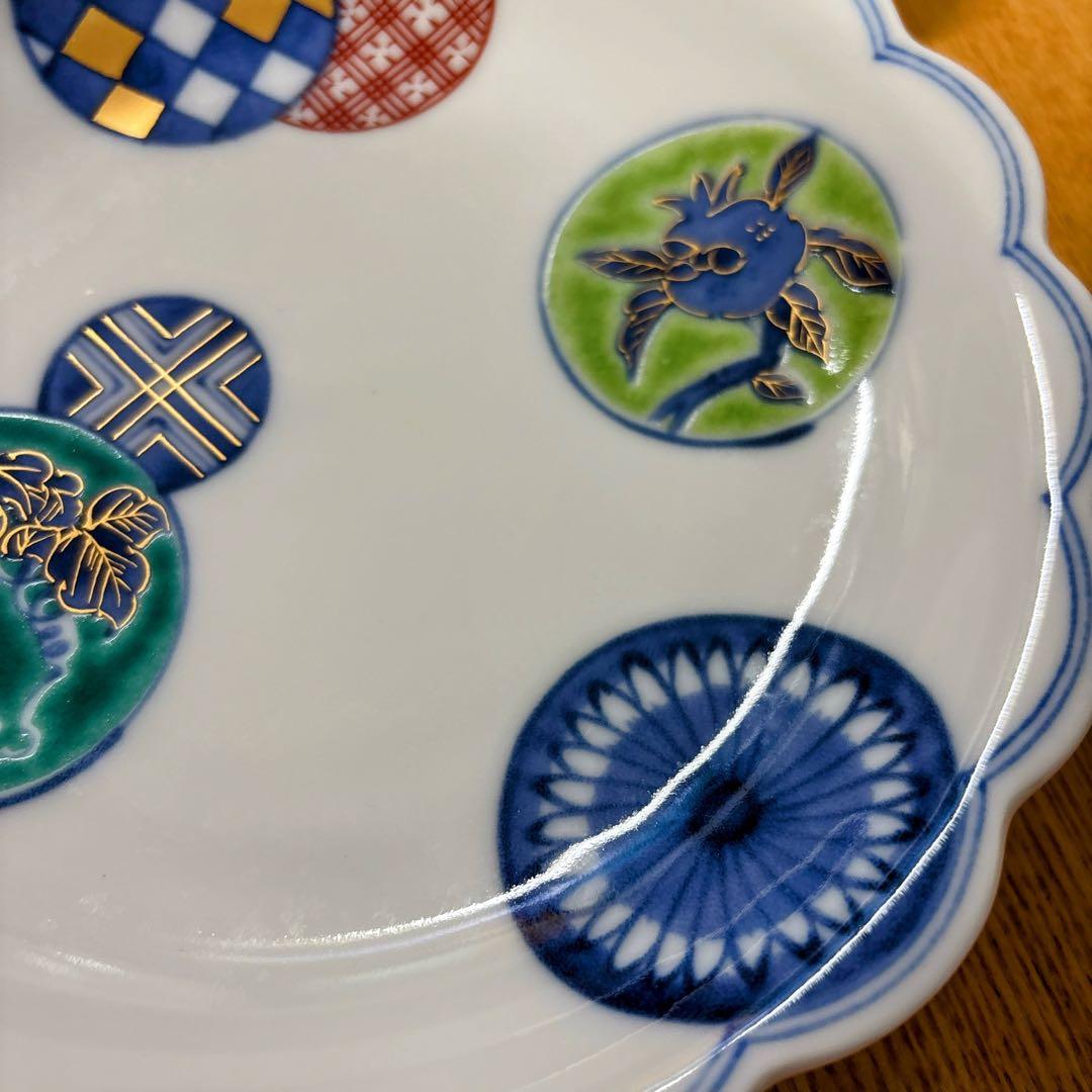 九谷焼　香祥窯　色絵小紋　6号皿揃 中皿　花形皿　盛皿　18.5cm