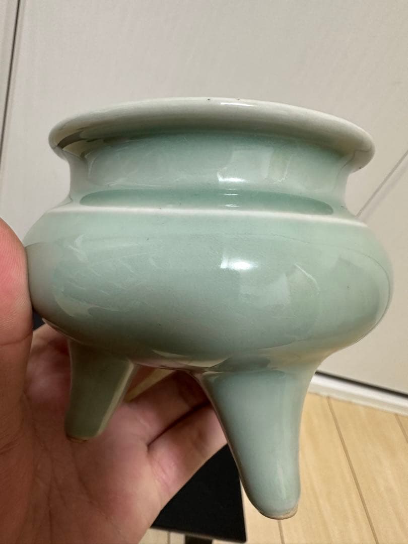 中国　青磁香炉　清時代　純銀刻印　火屋65g骨董古美術　アンティーク