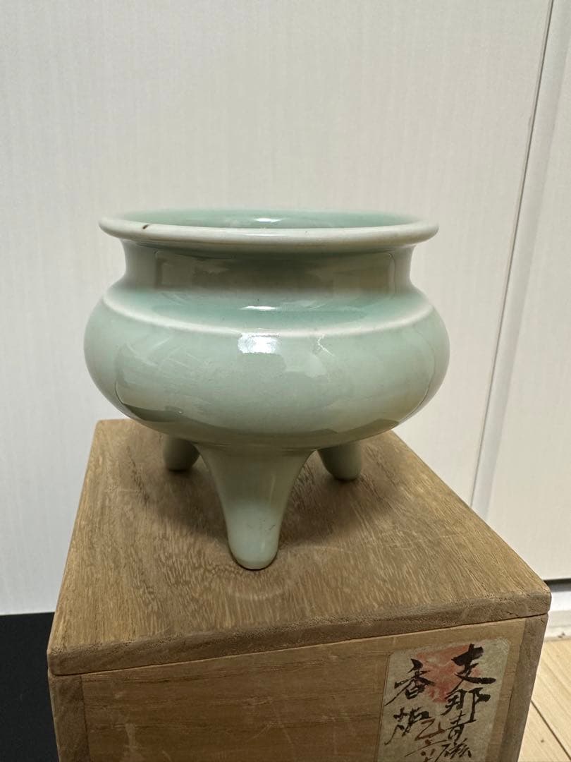 中国　青磁香炉　清時代　純銀刻印　火屋65g骨董古美術　アンティーク