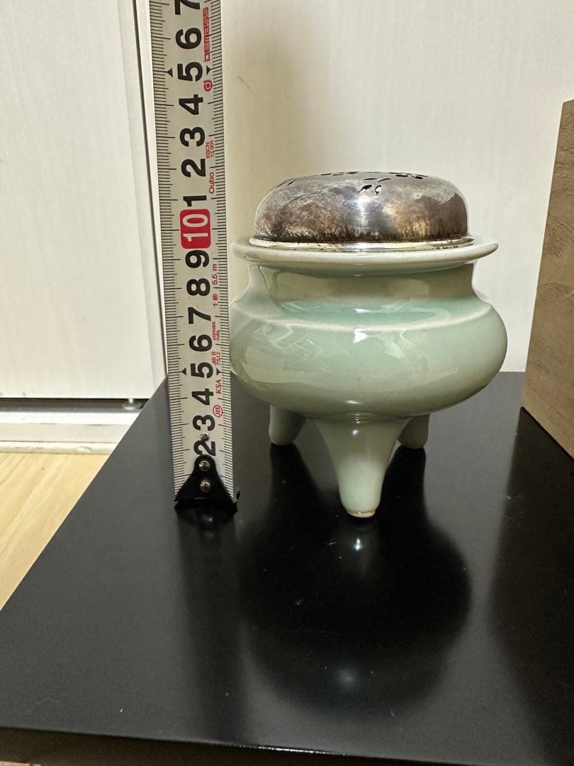 中国　青磁香炉　清時代　純銀刻印　火屋65g骨董古美術　アンティーク