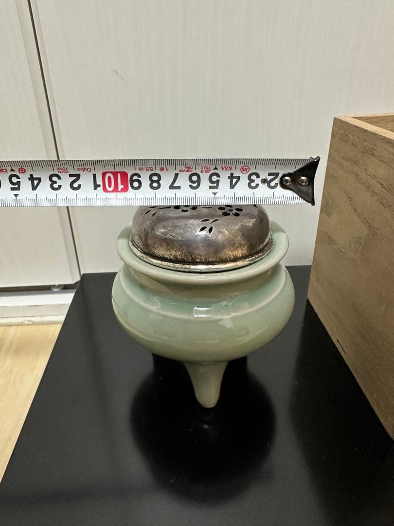 中国　青磁香炉　清時代　純銀刻印　火屋65g骨董古美術　アンティーク