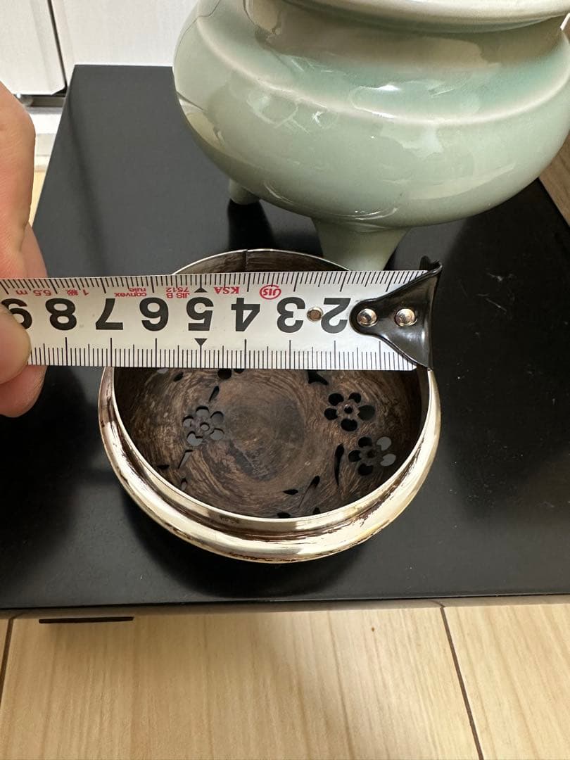 中国　青磁香炉　清時代　純銀刻印　火屋65g骨董古美術　アンティーク