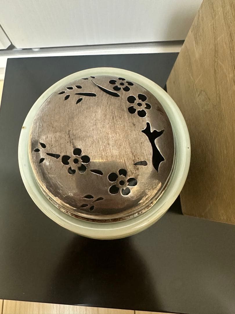 中国　青磁香炉　清時代　純銀刻印　火屋65g骨董古美術　アンティーク