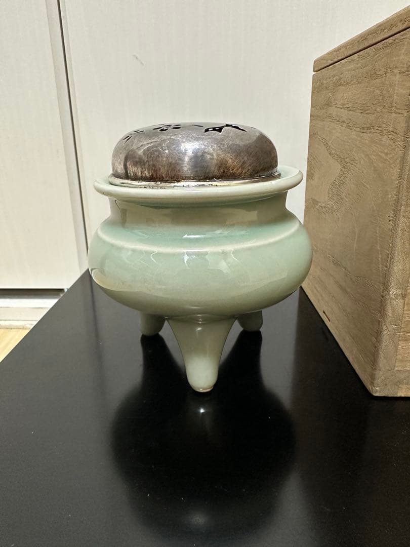 中国　青磁香炉　清時代　純銀刻印　火屋65g骨董古美術　アンティーク