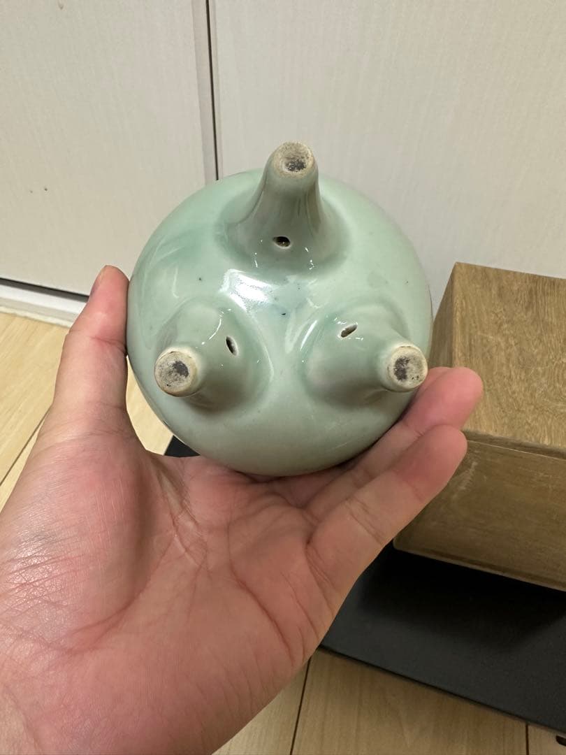 中国　青磁香炉　清時代　純銀刻印　火屋65g骨董古美術　アンティーク