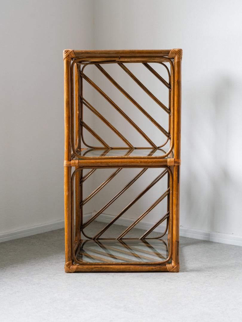 70-80's ラタン シェルフ 棚 ガラス ラック 藤家具 ミッドセンチュリー