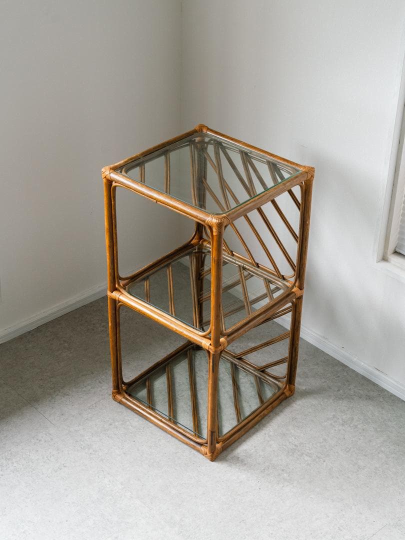 70-80's ラタン シェルフ 棚 ガラス ラック 藤家具 ミッドセンチュリー