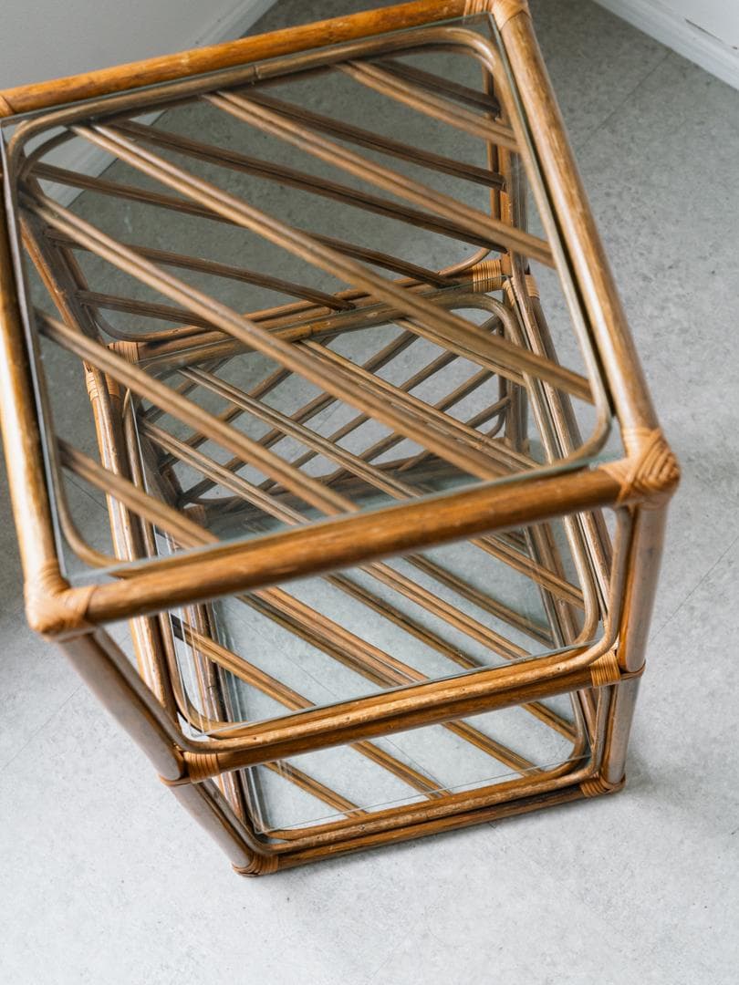 70-80's ラタン シェルフ 棚 ガラス ラック 藤家具 ミッドセンチュリー