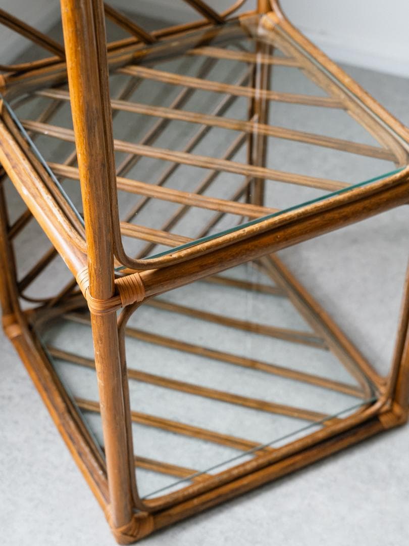70-80's ラタン シェルフ 棚 ガラス ラック 藤家具 ミッドセンチュリー