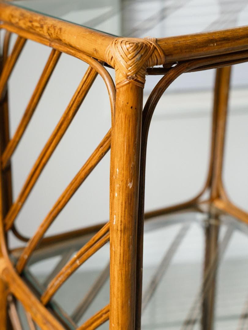 70-80's ラタン シェルフ 棚 ガラス ラック 藤家具 ミッドセンチュリー