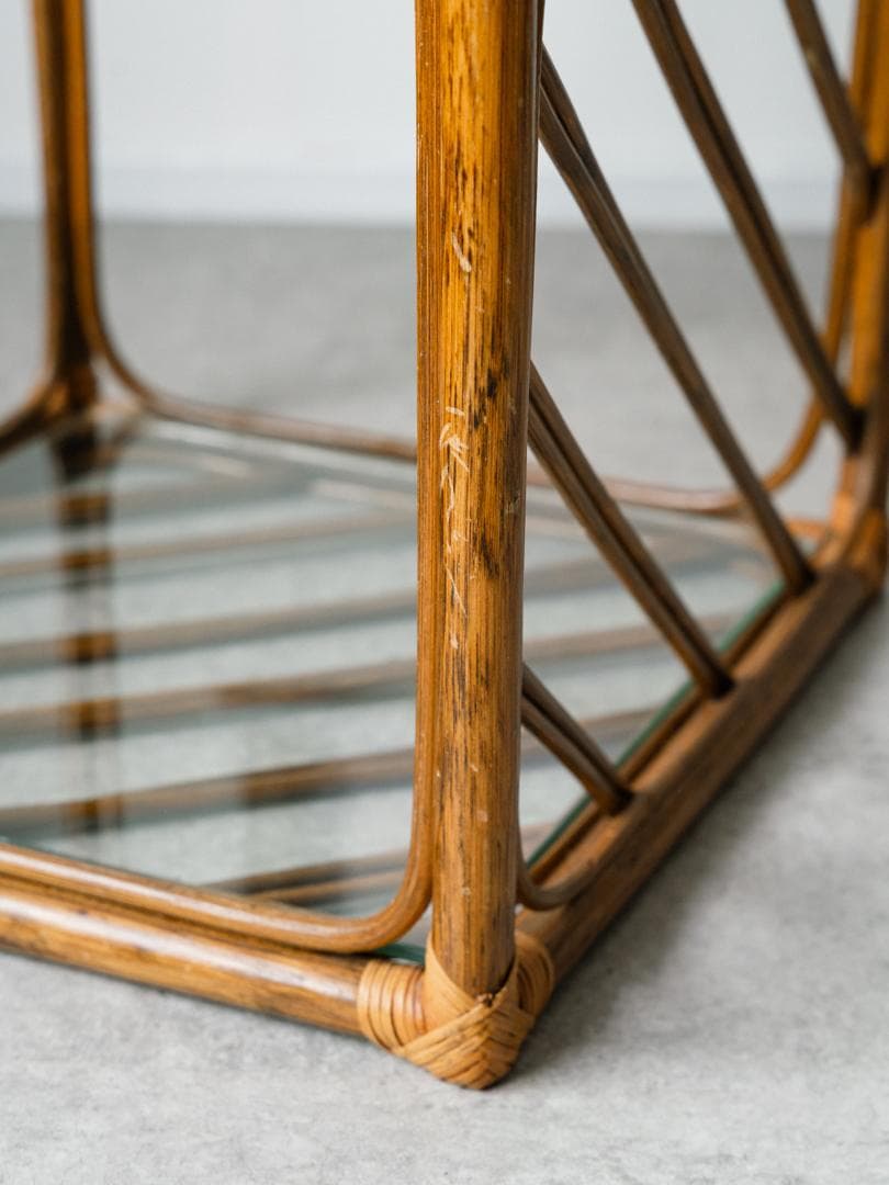 70-80's ラタン シェルフ 棚 ガラス ラック 藤家具 ミッドセンチュリー