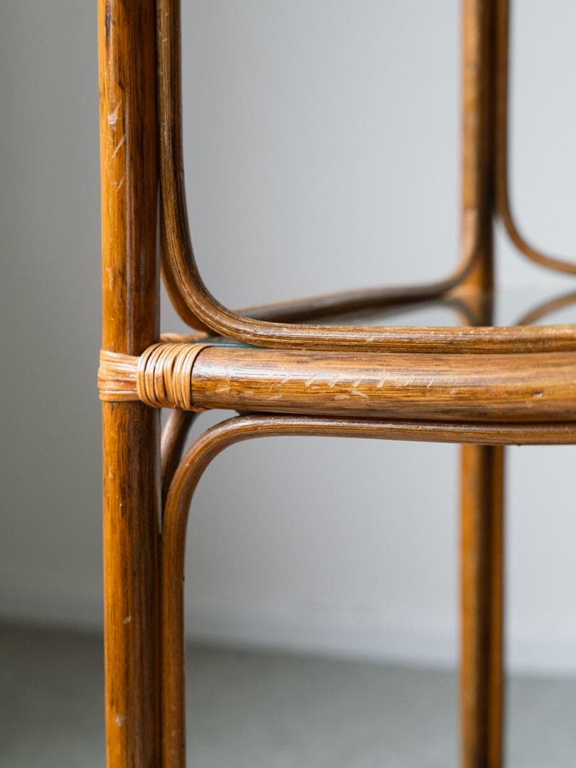 70-80's ラタン シェルフ 棚 ガラス ラック 藤家具 ミッドセンチュリー