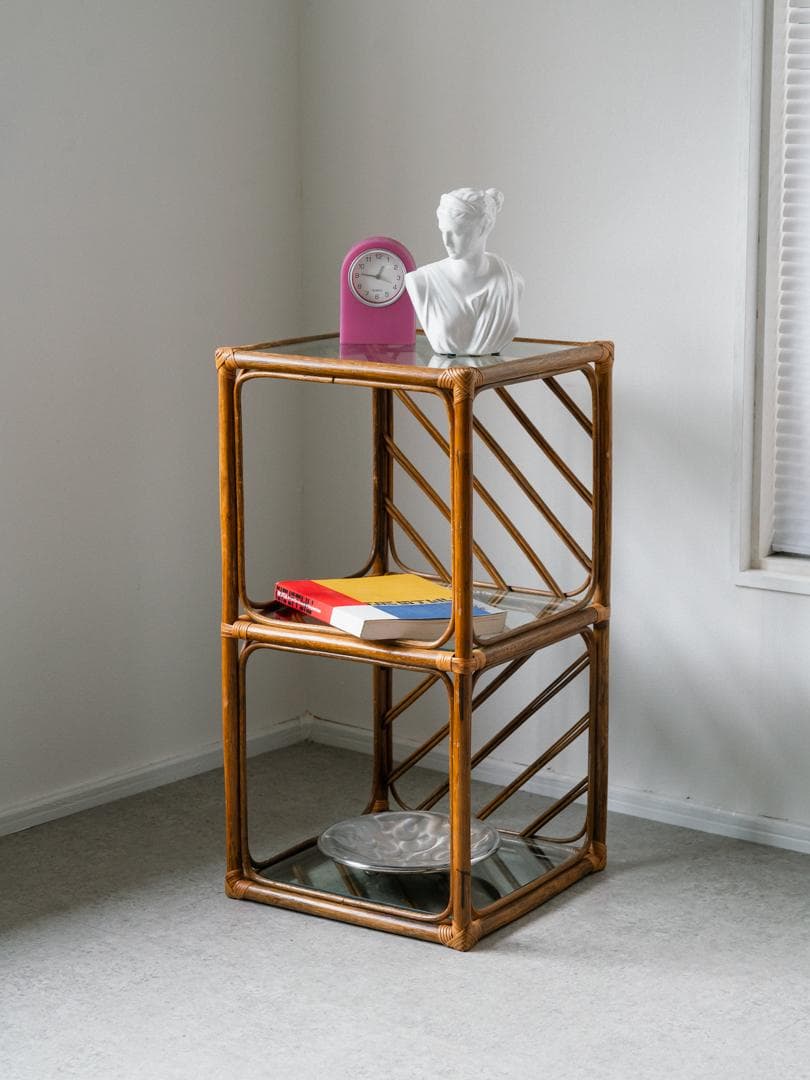 70-80's ラタン シェルフ 棚 ガラス ラック 藤家具 ミッドセンチュリー