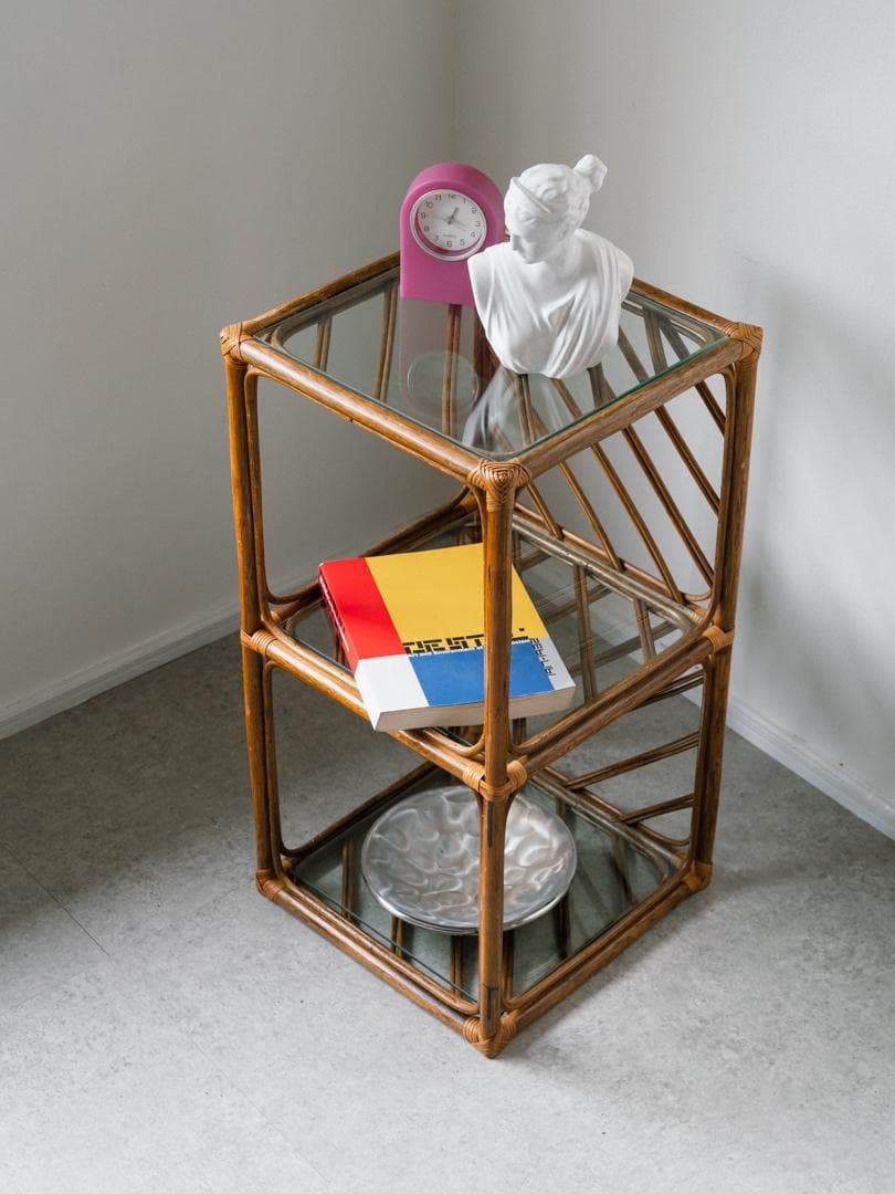 70-80's ラタン シェルフ 棚 ガラス ラック 藤家具 ミッドセンチュリー