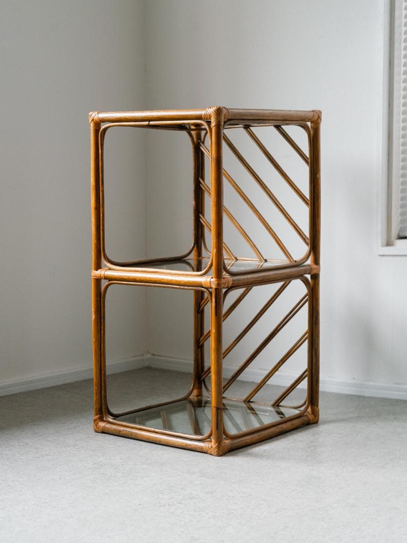 70-80's ラタン シェルフ 棚 ガラス ラック 藤家具 ミッドセンチュリー