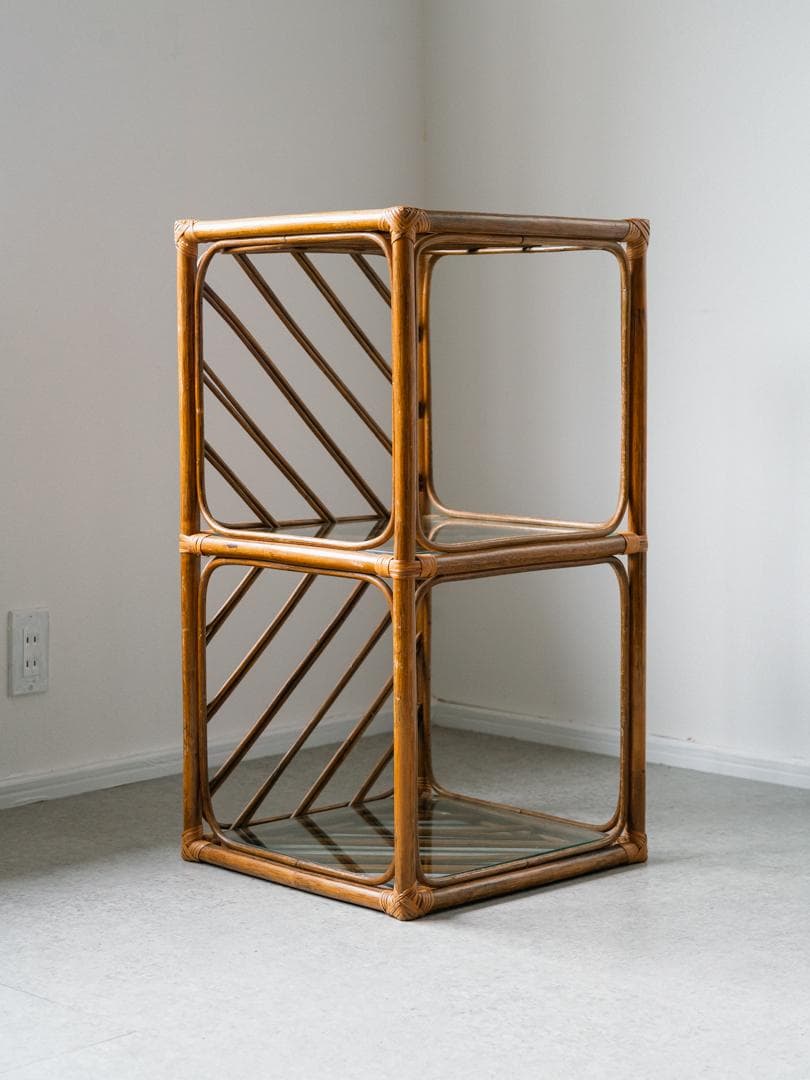 70-80's ラタン シェルフ 棚 ガラス ラック 藤家具 ミッドセンチュリー