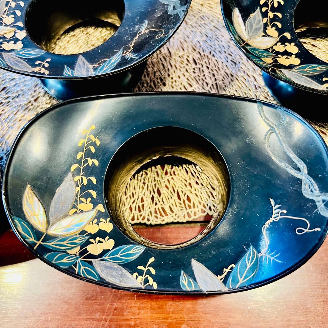 骨董品　螺鈿蒔絵黒塗り茶托　金巻絵茶托　Traditional Japanese