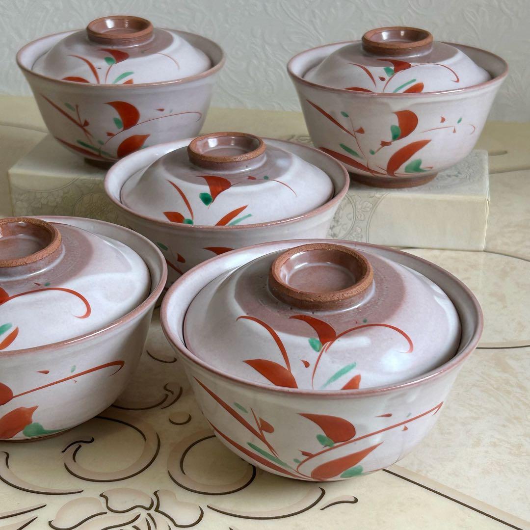 たち吉　萩釉赤絵　蓋付き碗揃　5客セット　飯碗　煮物碗　雑煮碗　土物　ピンク