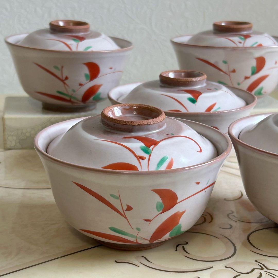 たち吉　萩釉赤絵　蓋付き碗揃　5客セット　飯碗　煮物碗　雑煮碗　土物　ピンク