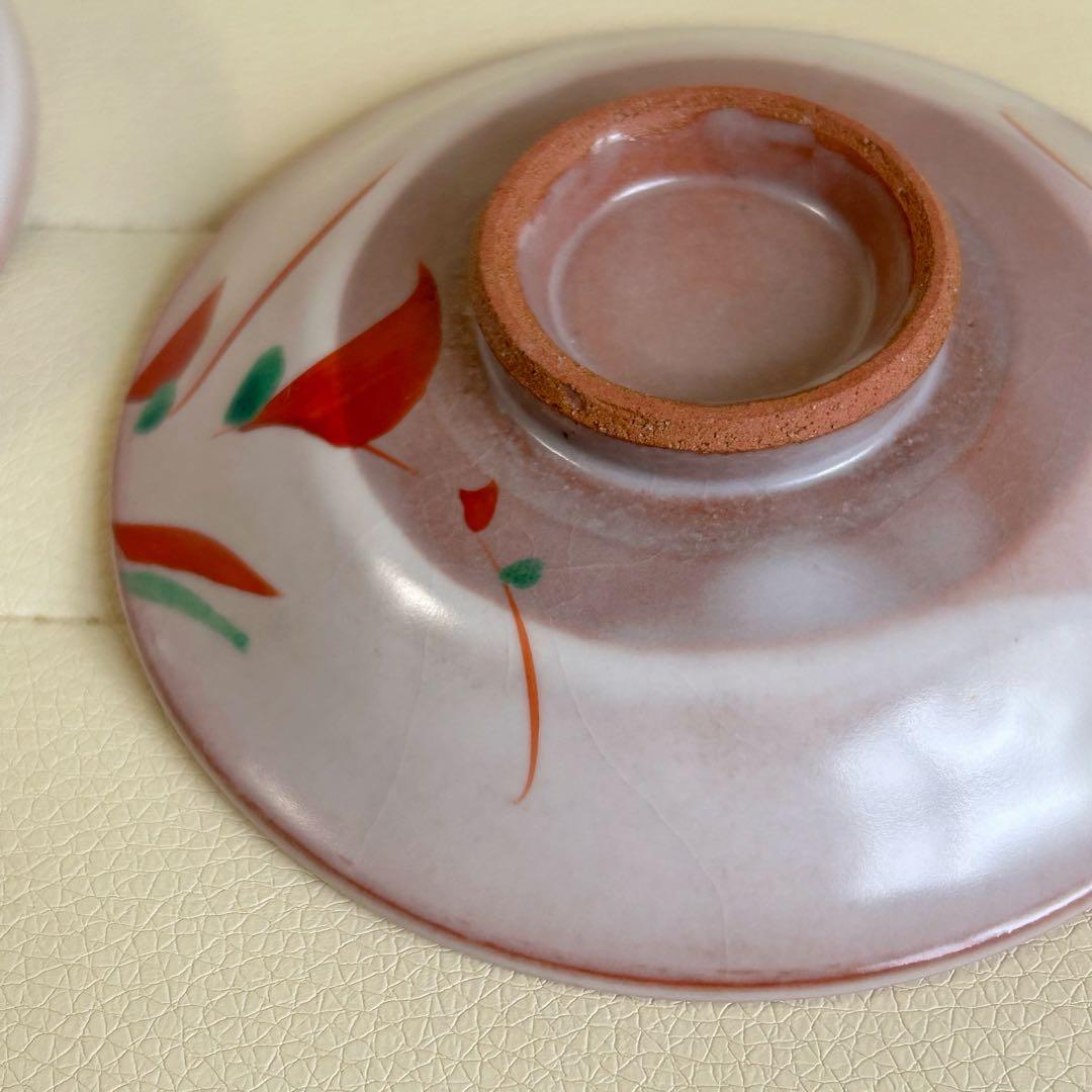 たち吉　萩釉赤絵　蓋付き碗揃　5客セット　飯碗　煮物碗　雑煮碗　土物　ピンク