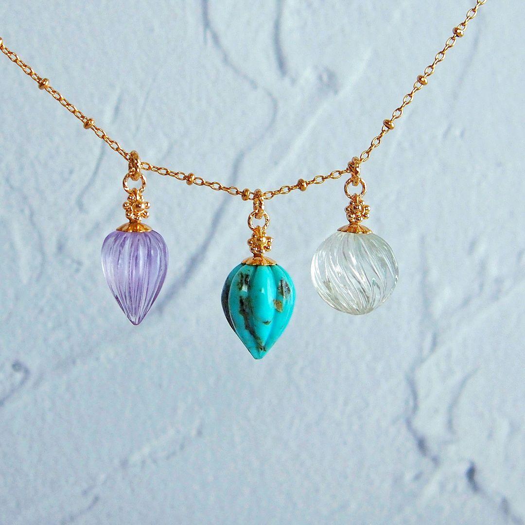 大粒✨ターコイズ　ドロップカービング　チャーム　14kgf