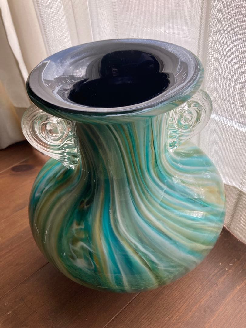 青緑マーブル模様のガラス花瓶　ヴィンテージ　アンティーク