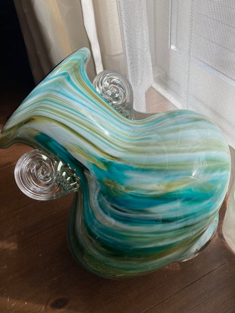 青緑マーブル模様のガラス花瓶　ヴィンテージ　アンティーク