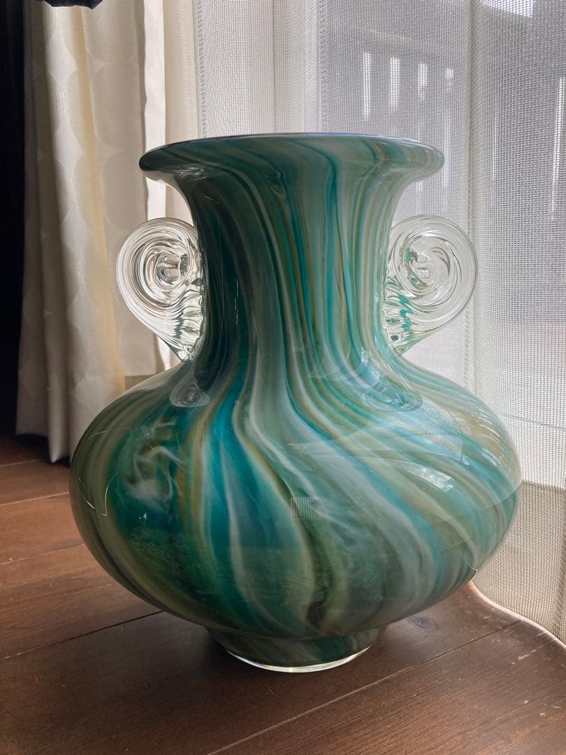 青緑マーブル模様のガラス花瓶　ヴィンテージ　アンティーク
