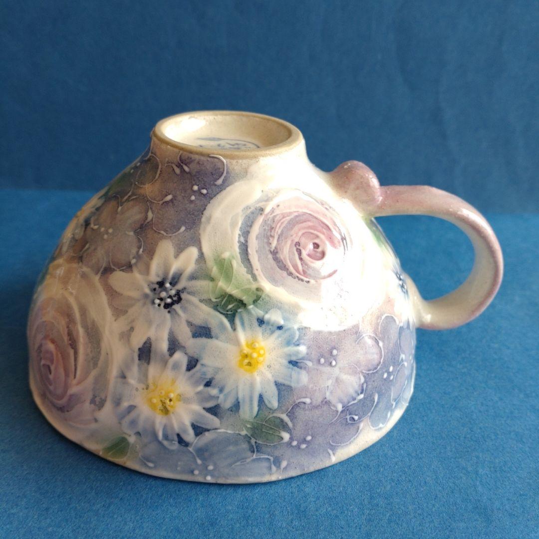 ゆずりは工房　カップ＆ソーサー　青彩ローズ　薔薇　花柄　陶器　瀬戸焼