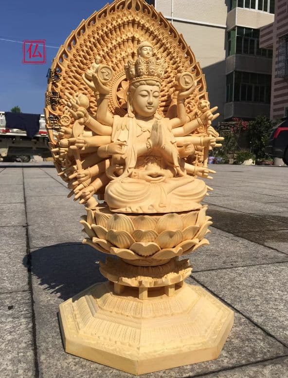 【修縁堂】木造仏像 木製 蓮華丸台座 千手光背 千手観音菩薩 美術工芸品