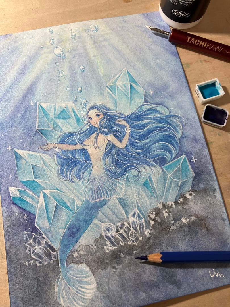手描きイラスト　人魚×鉱石×青