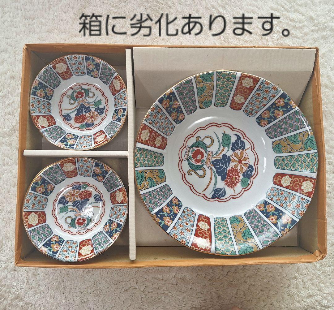 陶扇　錦絵　金彩菊割 大鉢　小皿５枚　未使用　有田焼　金縁　希少