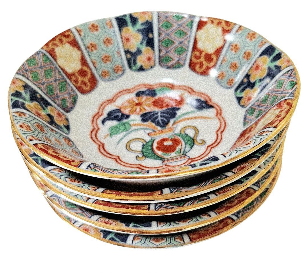 陶扇　錦絵　金彩菊割 大鉢　小皿５枚　未使用　有田焼　金縁　希少